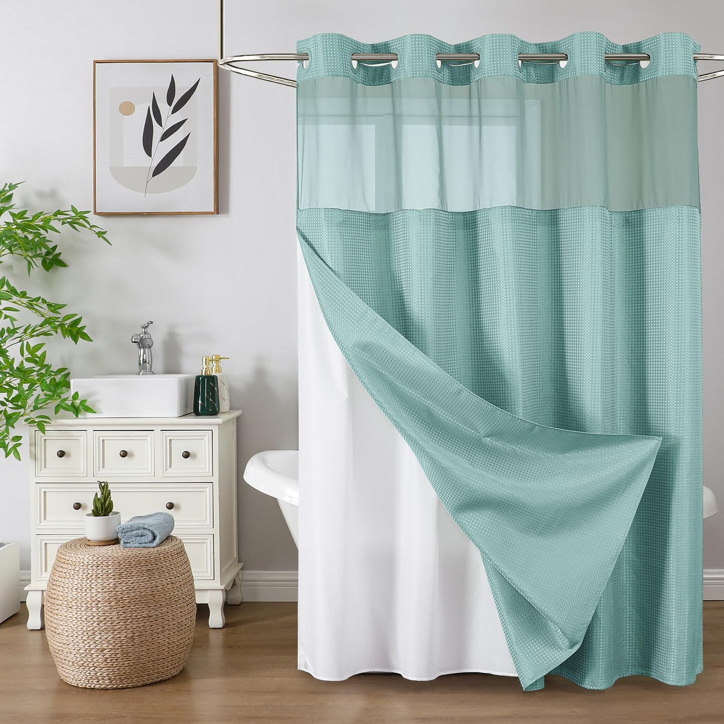 No-Hook Shower Curtain Set – Easy Install Waffle Fabric Curtain with Snap-In Waterproof Liner & Viewing Window
