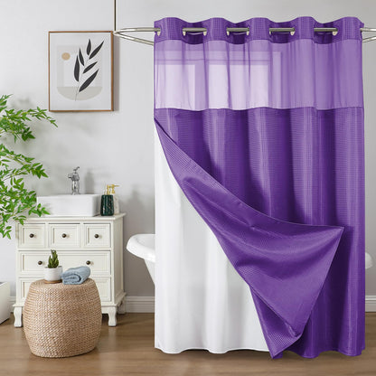 No-Hook Shower Curtain Set – Easy Install Waffle Fabric Curtain with Snap-In Waterproof Liner & Viewing Window
