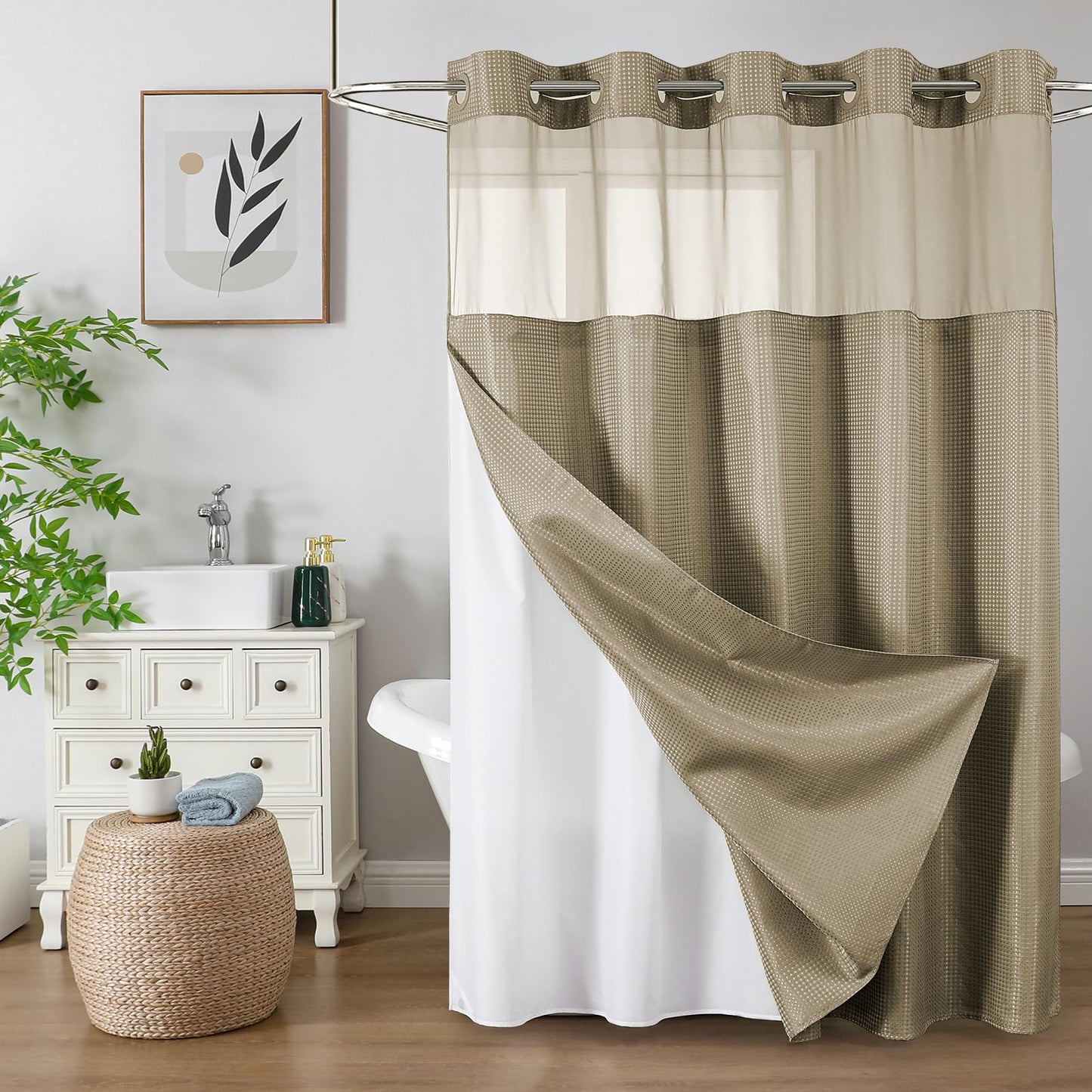 No-Hook Shower Curtain Set – Easy Install Waffle Fabric Curtain with Snap-In Waterproof Liner & Viewing Window