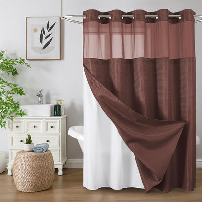 No-Hook Shower Curtain Set – Easy Install Waffle Fabric Curtain with Snap-In Waterproof Liner & Viewing Window