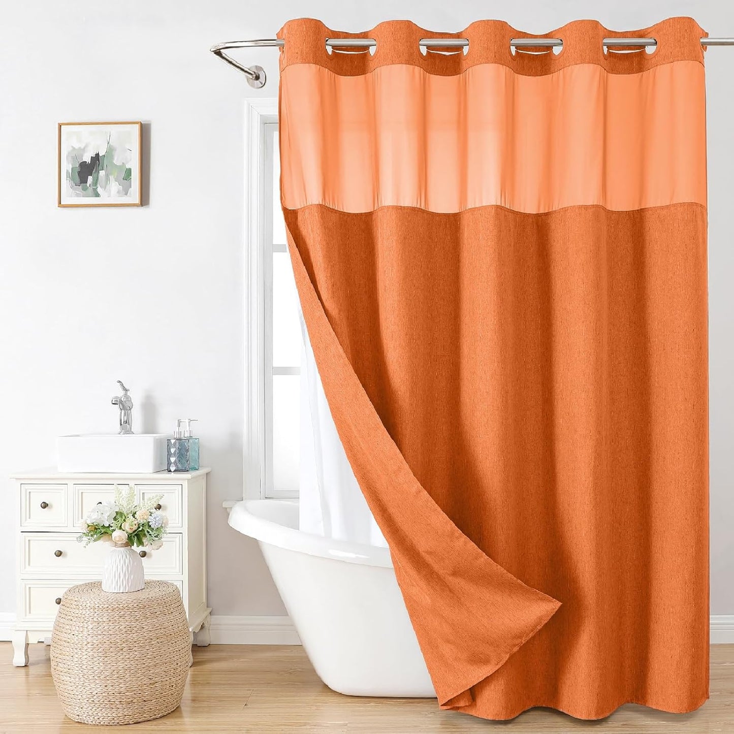 No-Hook Shower Curtain Set – Easy Install Waffle Fabric Curtain with Snap-In Waterproof Liner & Viewing Window