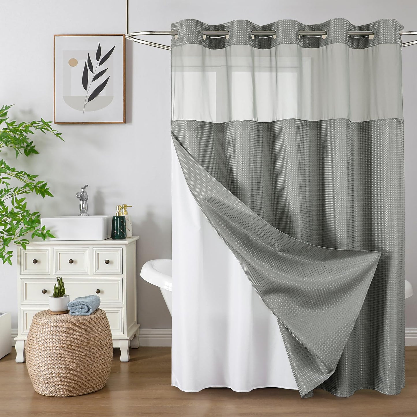 No-Hook Shower Curtain Set – Easy Install Waffle Fabric Curtain with Snap-In Waterproof Liner & Viewing Window
