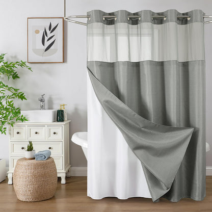 No-Hook Shower Curtain Set – Easy Install Waffle Fabric Curtain with Snap-In Waterproof Liner & Viewing Window