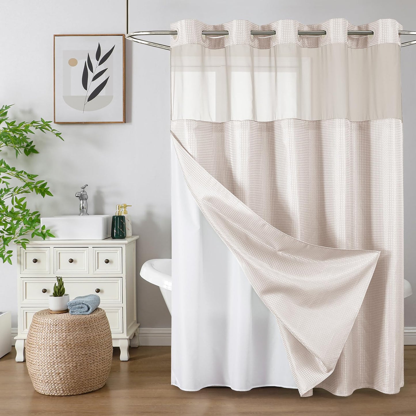 No-Hook Shower Curtain Set – Easy Install Waffle Fabric Curtain with Snap-In Waterproof Liner & Viewing Window