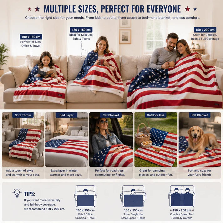 🇺🇸❤️American Flag Flannel Blanket — Ultra-Soft Flannel | Non-Shedding | Suitable for All Seasons | Available in Three Sizes