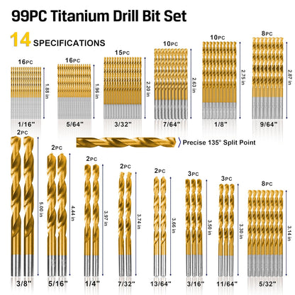 99-Piece Titanium Coated Drill Bit Set – Professional HSS Drill Bits for Wood, Metal, Plastic & DIY Projects
