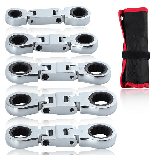 Stubby Wrenches Set, 72-Tooth Flex Head Ratcheting Wrench Set, Compact Double Box End Ratchet Wrench Metric 8-19mm 5 Pieces for Tight Spaces