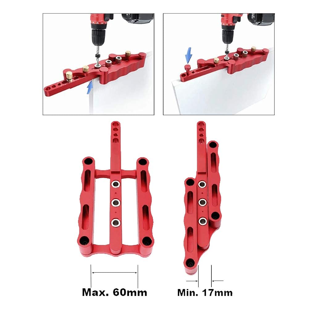 Self Centering Doweling Jig Woodworking Joinery Hole Drill Guide with 1/4 5/16 3/8 Inch Positioner Locator Tool Red Wave Hardware Precise Punch Drilling Jig Kit