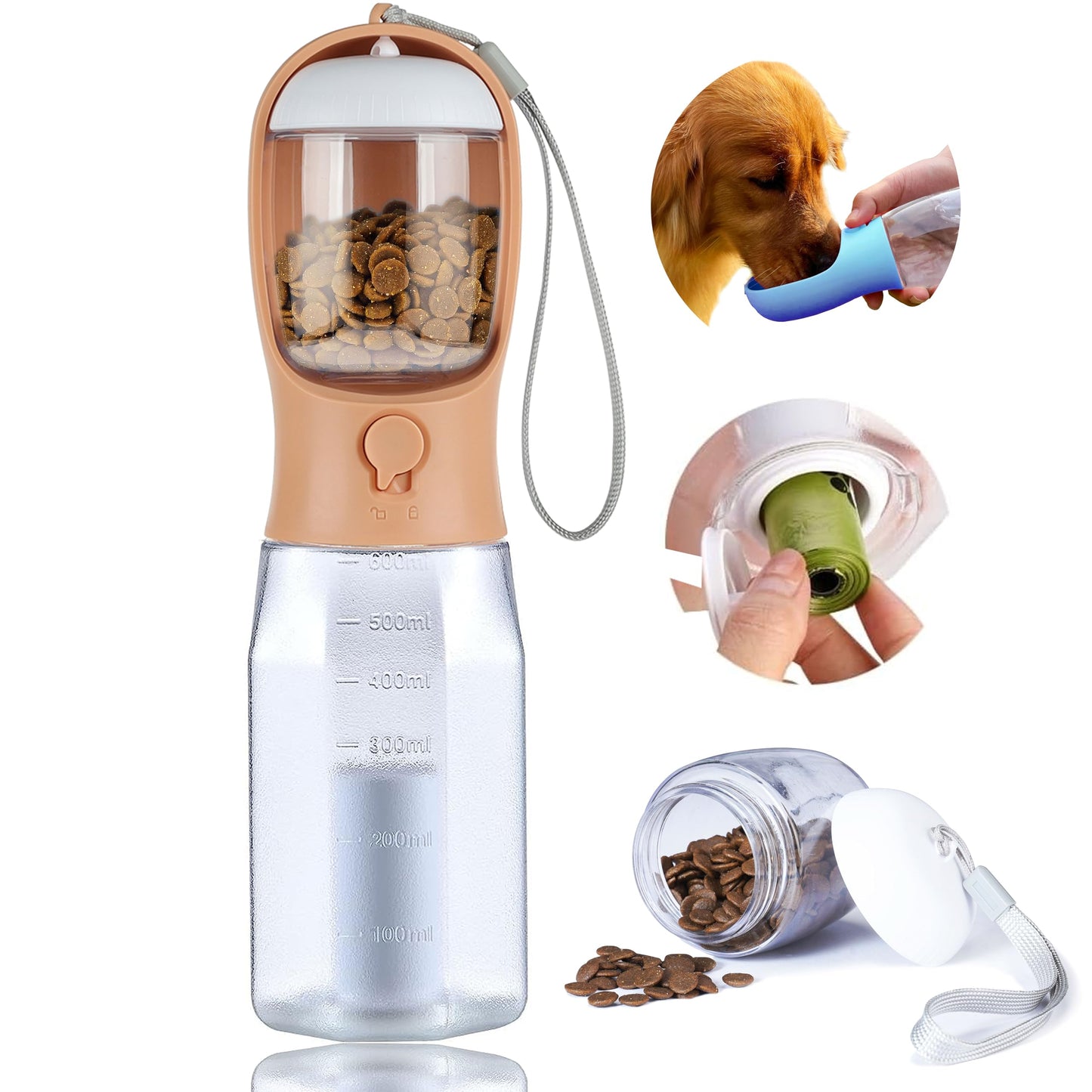 3-in-1 Dog Water Bottle – Portable Pet Water Dispenser with Food Container & Waste Bags for Walking, Hiking & Travel