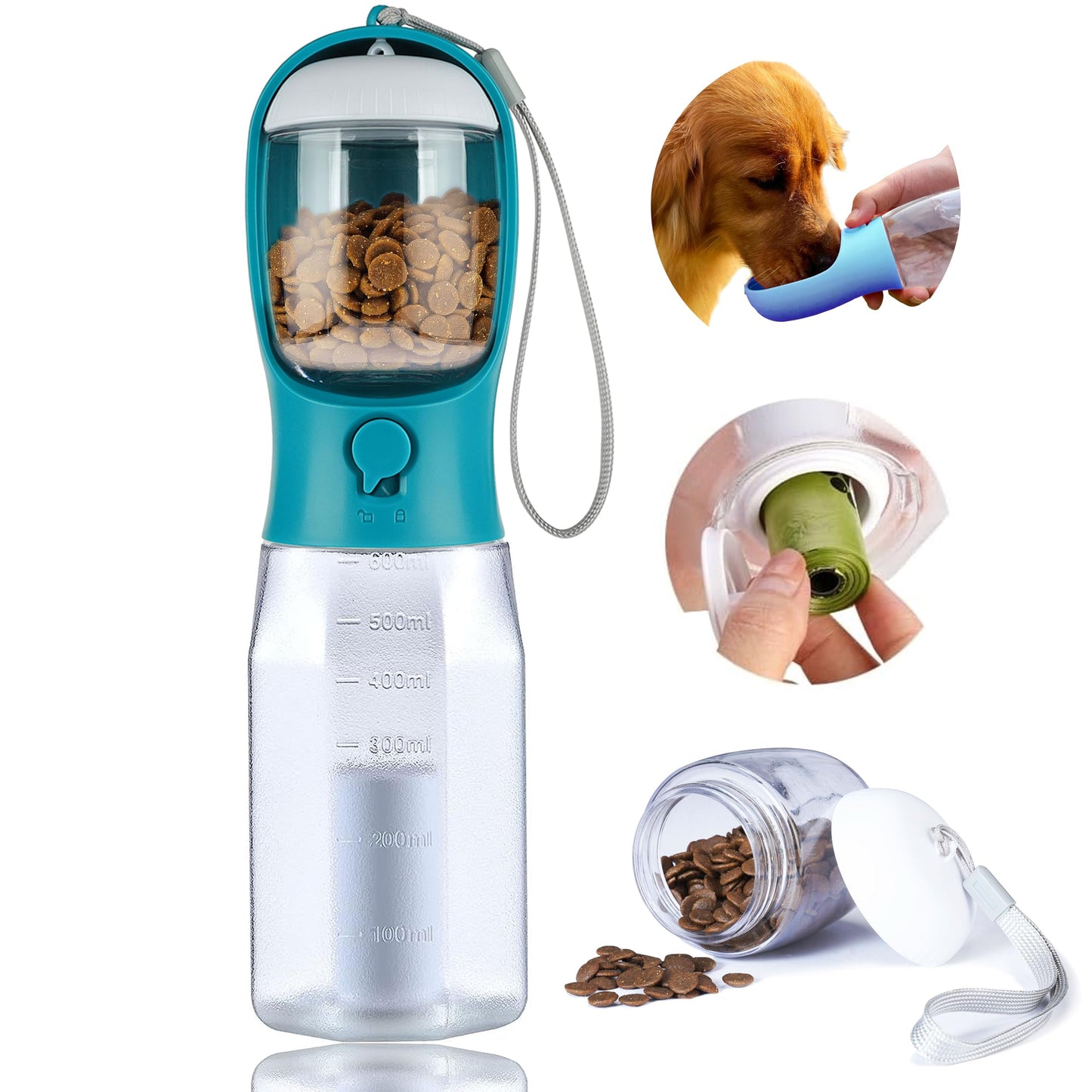 3-in-1 Dog Water Bottle – Portable Pet Water Dispenser with Food Container & Waste Bags for Walking, Hiking & Travel
