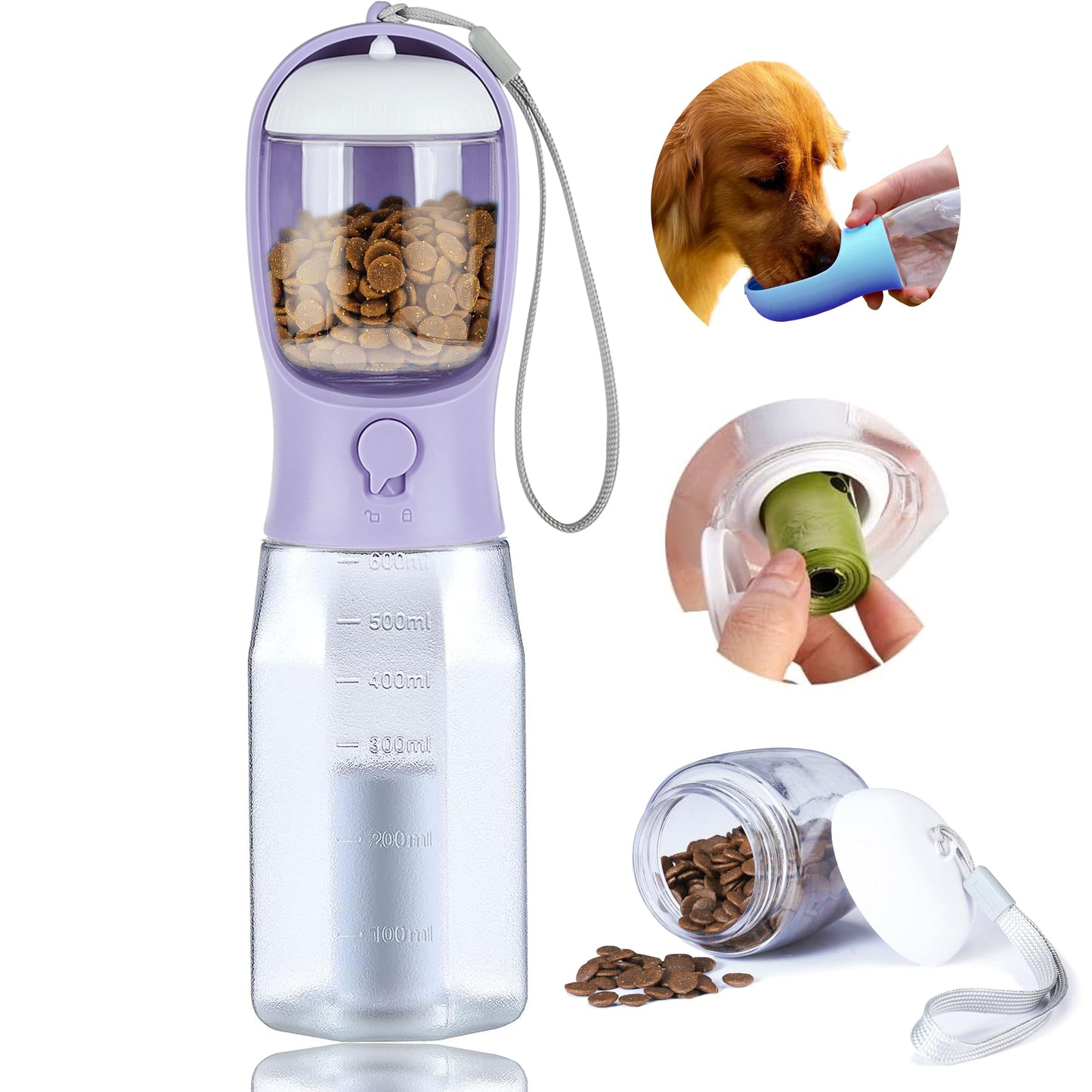 3-in-1 Dog Water Bottle – Portable Pet Water Dispenser with Food Container & Waste Bags for Walking, Hiking & Travel