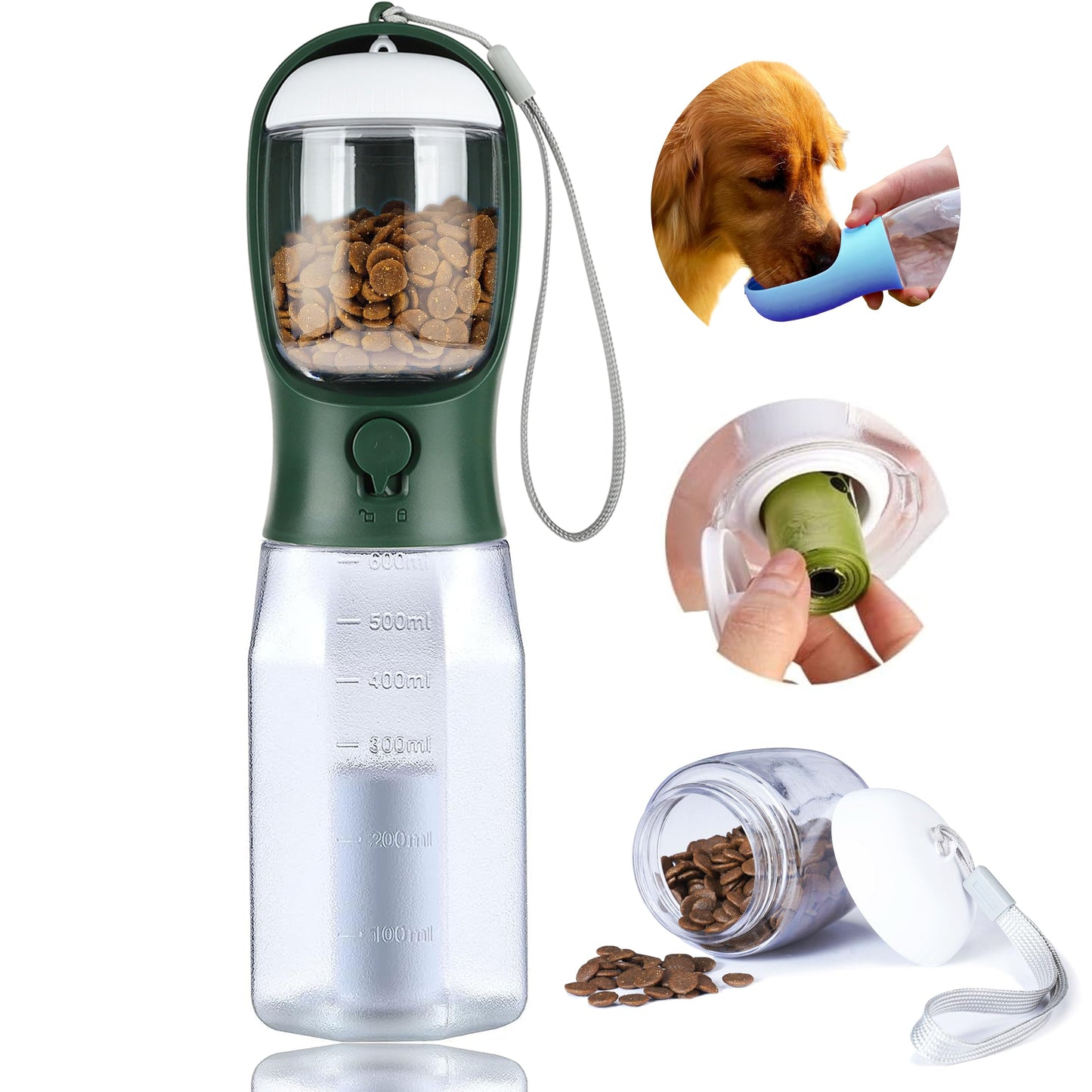 3-in-1 Dog Water Bottle – Portable Pet Water Dispenser with Food Container & Waste Bags for Walking, Hiking & Travel