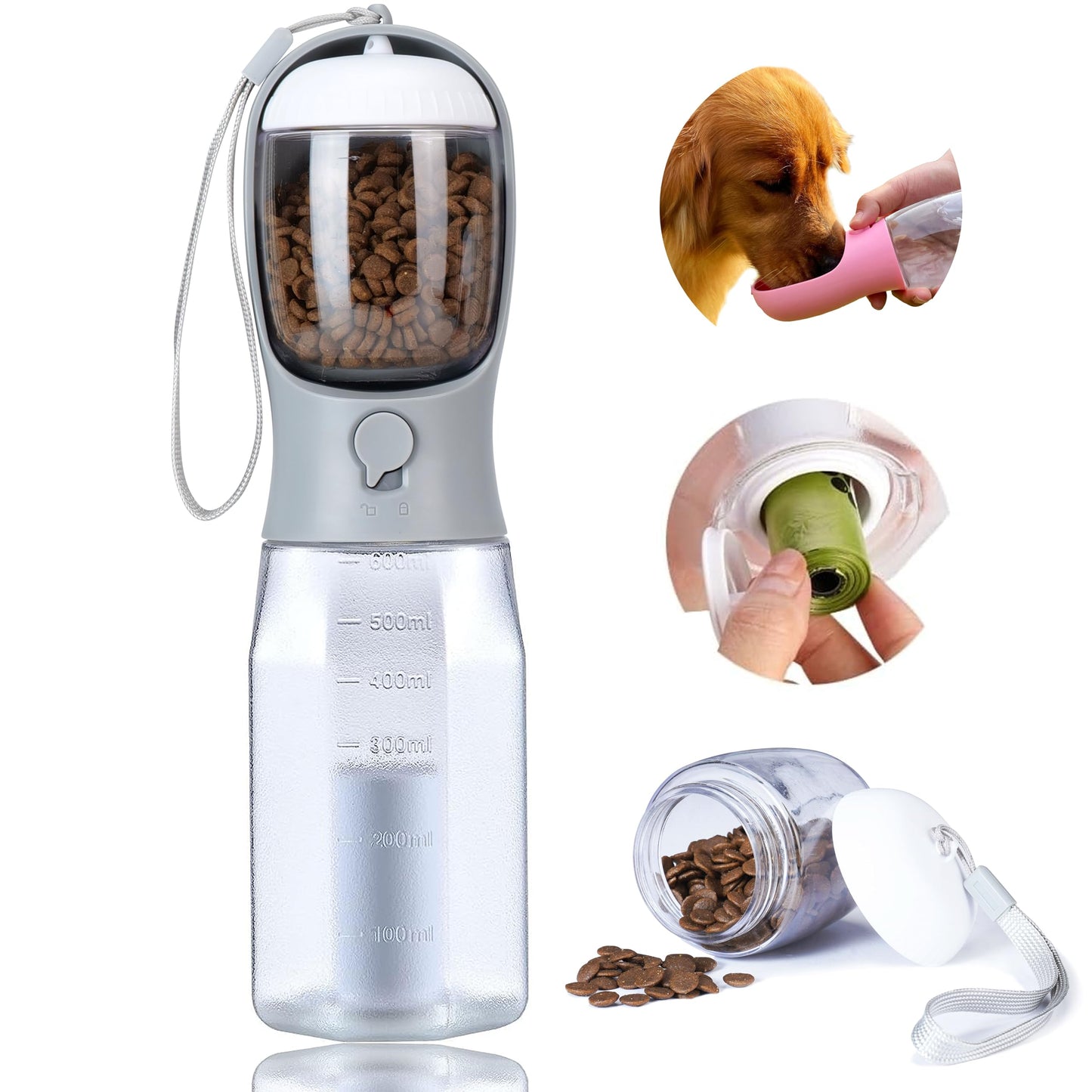 3-in-1 Dog Water Bottle – Portable Pet Water Dispenser with Food Container & Waste Bags for Walking, Hiking & Travel