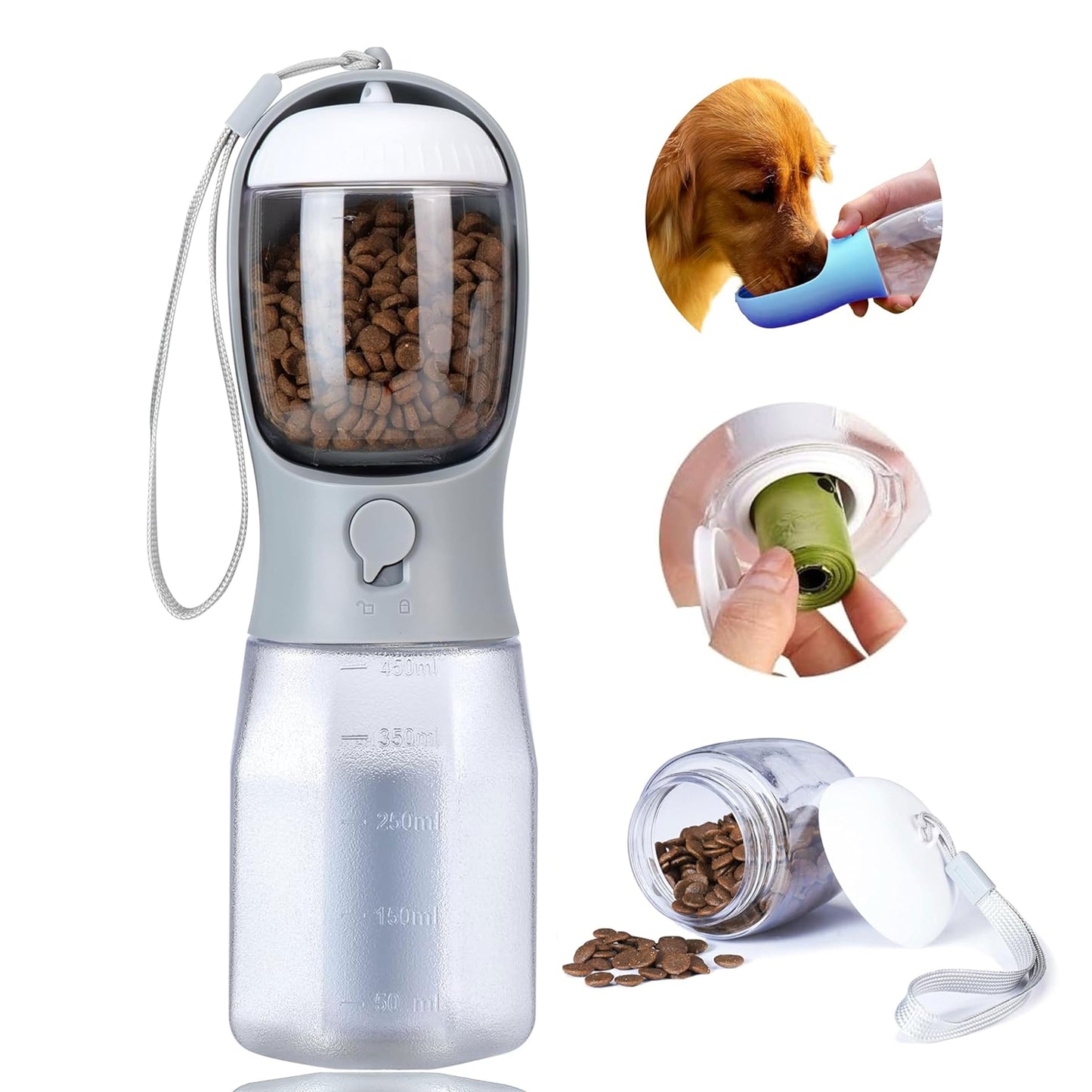 3-in-1 Dog Water Bottle – Portable Pet Water Dispenser with Food Container & Waste Bags for Walking, Hiking & Travel