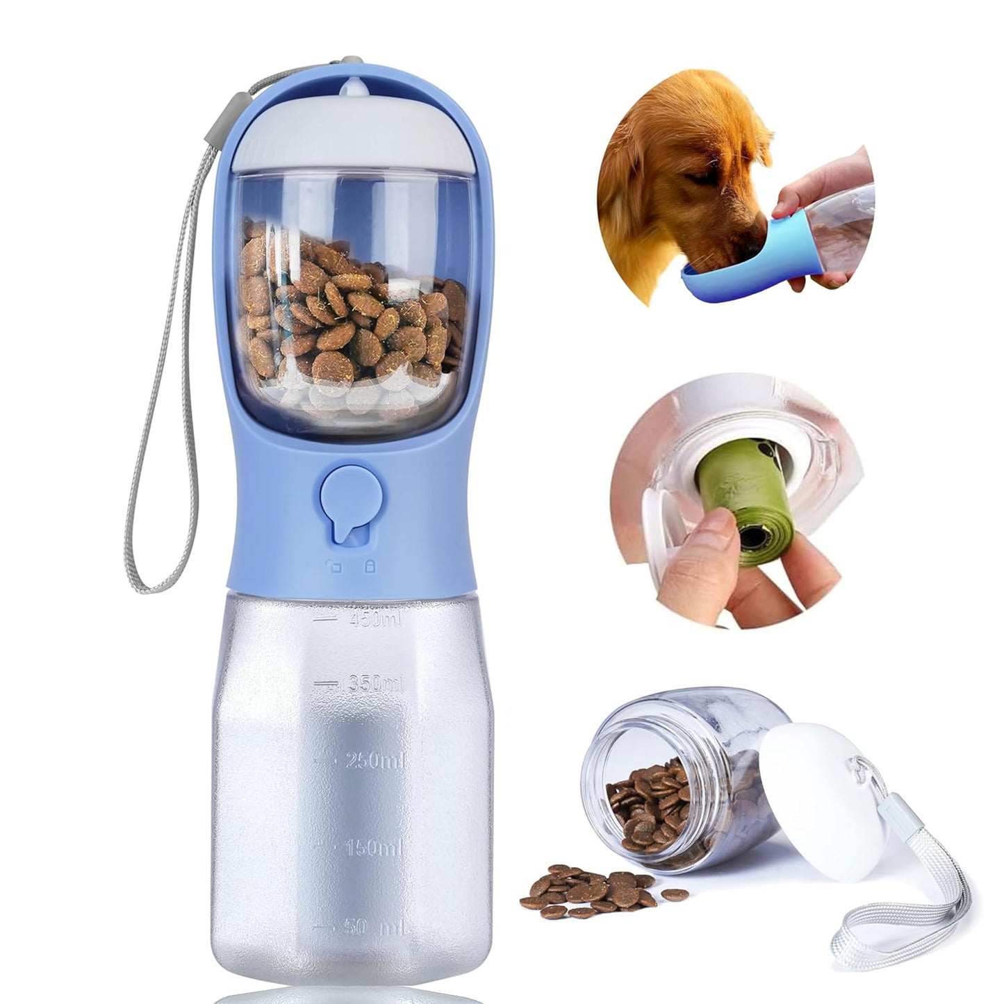 3-in-1 Dog Water Bottle – Portable Pet Water Dispenser with Food Container & Waste Bags for Walking, Hiking & Travel