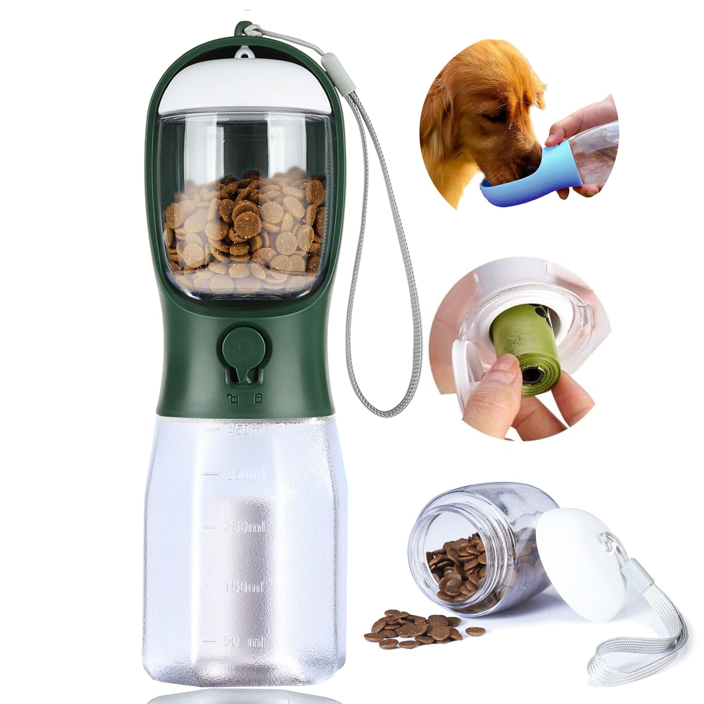 3-in-1 Dog Water Bottle – Portable Pet Water Dispenser with Food Container & Waste Bags for Walking, Hiking & Travel