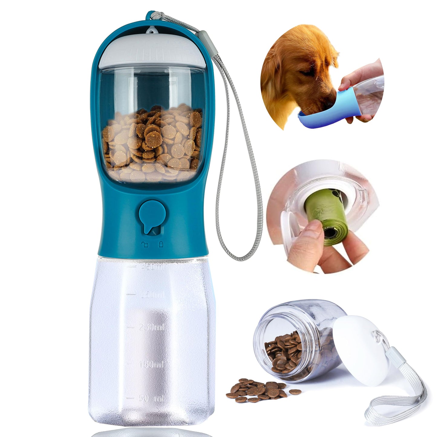 3-in-1 Dog Water Bottle – Portable Pet Water Dispenser with Food Container & Waste Bags for Walking, Hiking & Travel
