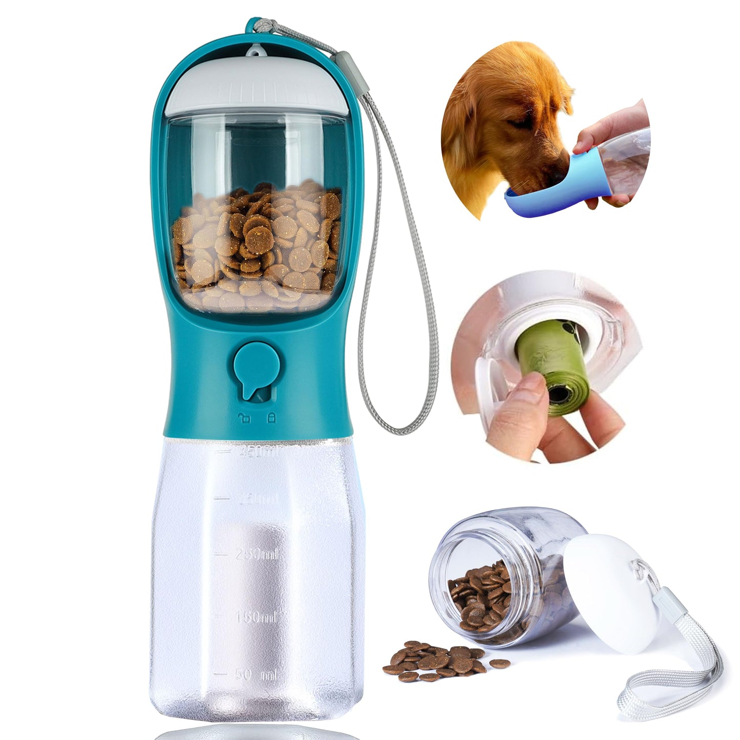 3-in-1 Dog Water Bottle – Portable Pet Water Dispenser with Food Container & Waste Bags for Walking, Hiking & Travel