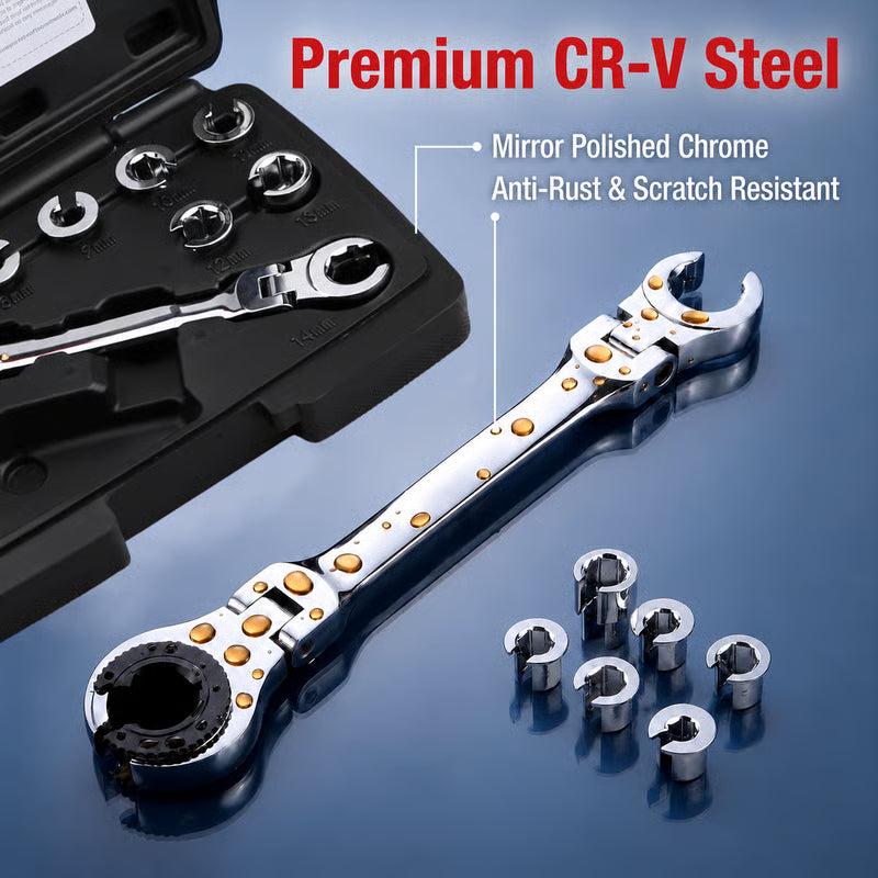 🔥HOT SALE🔥🔧 7-in-1 Ratcheting Flare Nut Wrench Set | 8-14mm Metric Line Wrench