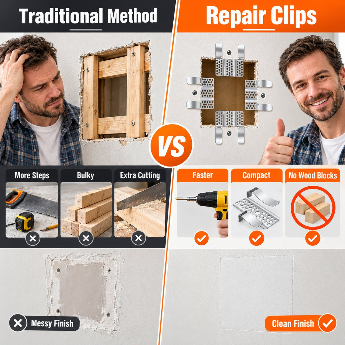 🛠️ 1/2" Drywall Repair Clips with Screws — Easy Metal Backing for Wall Patches