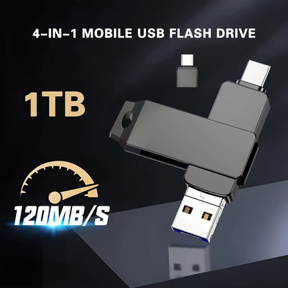 1T Mobile Phone U-Disk with Large Capacity, 4-In-1 Interface, Suitable for All Kinds of Mobile Phone Photo Sticks, External Storage Memory Sticks, Compatible with Various Brands And Interface Models