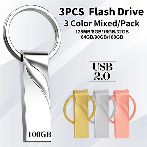 3pcs Mixed Color High-Speed USB 2.0 Flash Drives - Ranging from 128MB\u002F8GB\u002F16GB\u002F32GB\u002F64GB\u002F90GB\u002F100GB Metal USB Sticks, True Capacity, Compatible with PC, TV, And Car Audio Systems