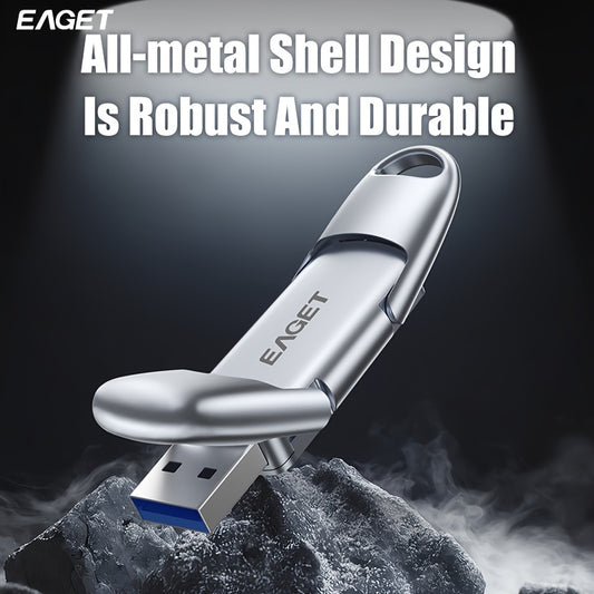 EAGET Ultra-Speed USB 3.2 Gen 2 Flash Drive - Sleek Metallic Portable SSD Pen Drive with Dual Type-C & USB Interfaces, 1000MB\u002Fs Read Speed, Ideal for Phones, Tablets, and Cameras