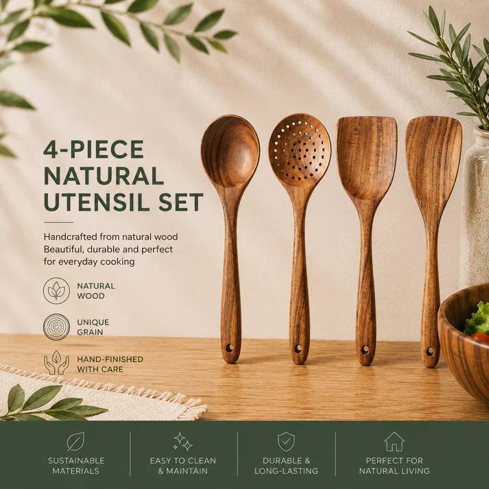Premium Wooden Kitchen Utensil Set – Handcrafted Natural Wood Cooking Tools for Everyday Use