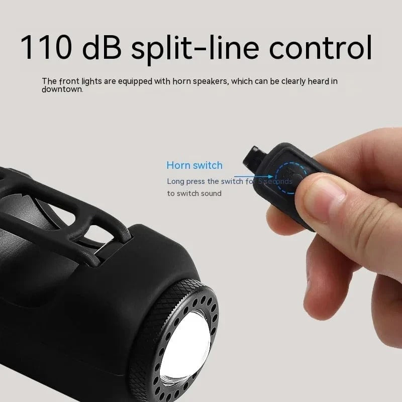 Bike Safety Light & Horn – USB Rechargeable COB Headlight with Remote Control and Multiple Lighting Modes