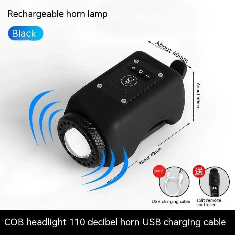 Bike Safety Light & Horn – USB Rechargeable COB Headlight with Remote Control and Multiple Lighting Modes