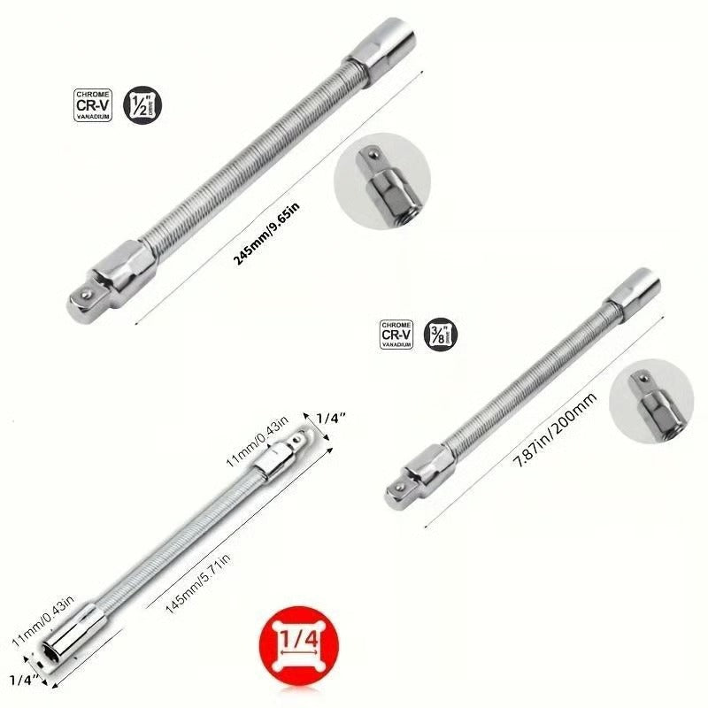 Flexible Socket Extension Bar Set – Bendable Ratchet Wrench Extensions for Tight Spaces, CR-V Steel Automotive Repair Tool Kit