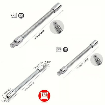 Flexible Socket Extension Bar Set – Bendable Ratchet Wrench Extensions for Tight Spaces, CR-V Steel Automotive Repair Tool Kit