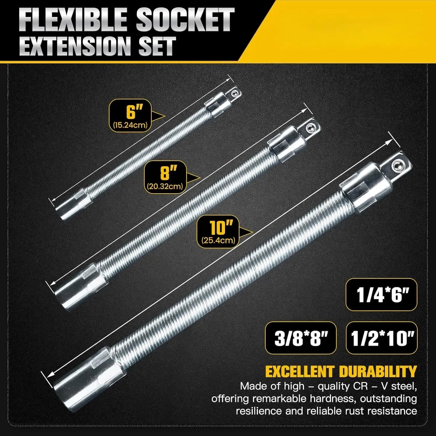 Flexible Socket Extension Bar Set – Bendable Ratchet Wrench Extensions for Tight Spaces, CR-V Steel Automotive Repair Tool Kit