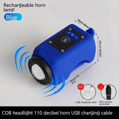 Bike Safety Light & Horn – USB Rechargeable COB Headlight with Remote Control and Multiple Lighting Modes