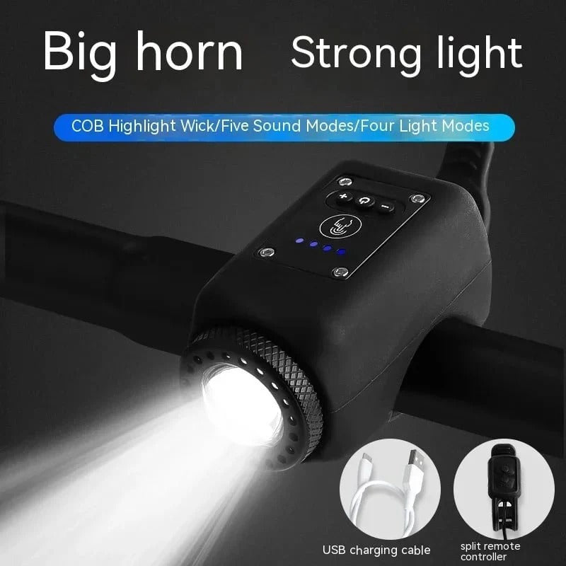 Bike Safety Light & Horn – USB Rechargeable COB Headlight with Remote Control and Multiple Lighting Modes